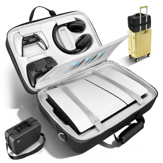 PS5 Carrying Case Hard Shell, Waterproof Shockproof Dustproof Travel Bag for PS5 & PS5 Slim with Removable Divider, Large Capacity Holds Console Controller Headset Game Discs Cables, EVA Portable Storage Essential Gift for Gamers