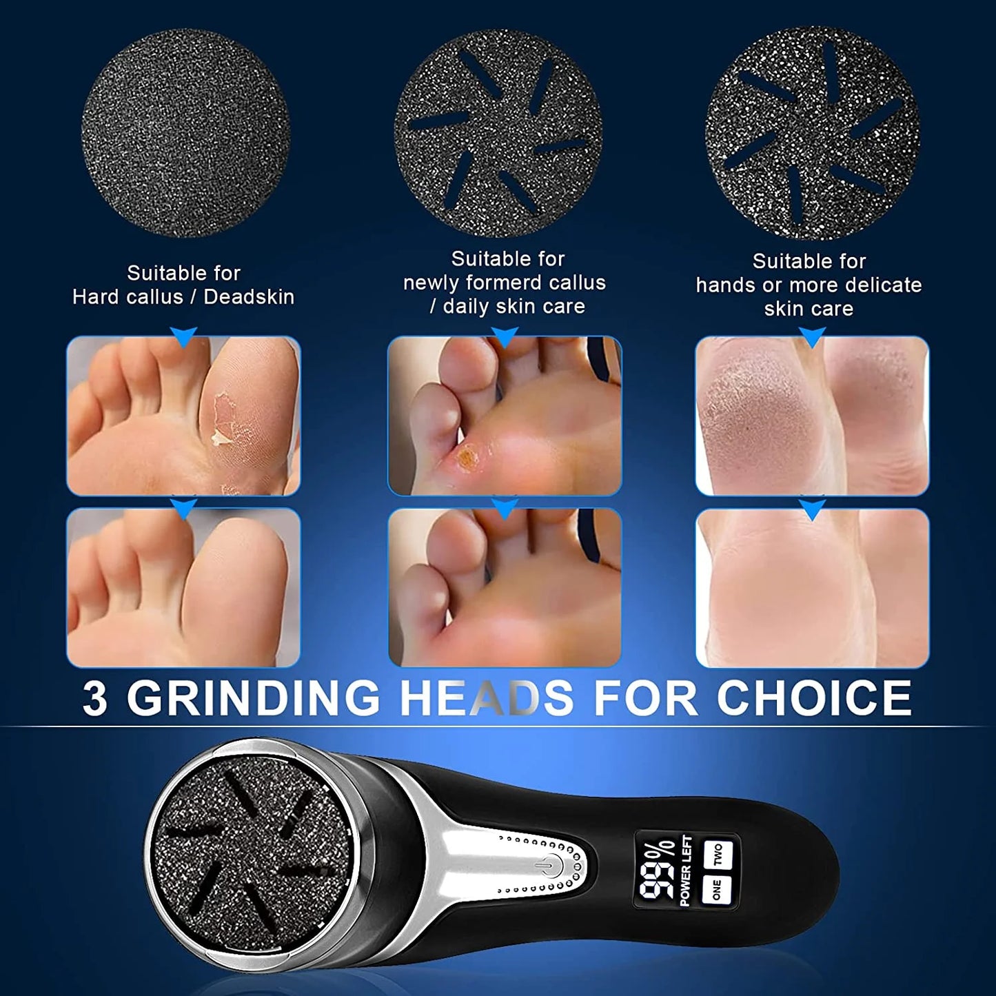 Transform Your Feet with Our Electric Callus Remover - Portable Rechargeable Foot Care Kit with 3 Quartz Sand Heads and LCD Display