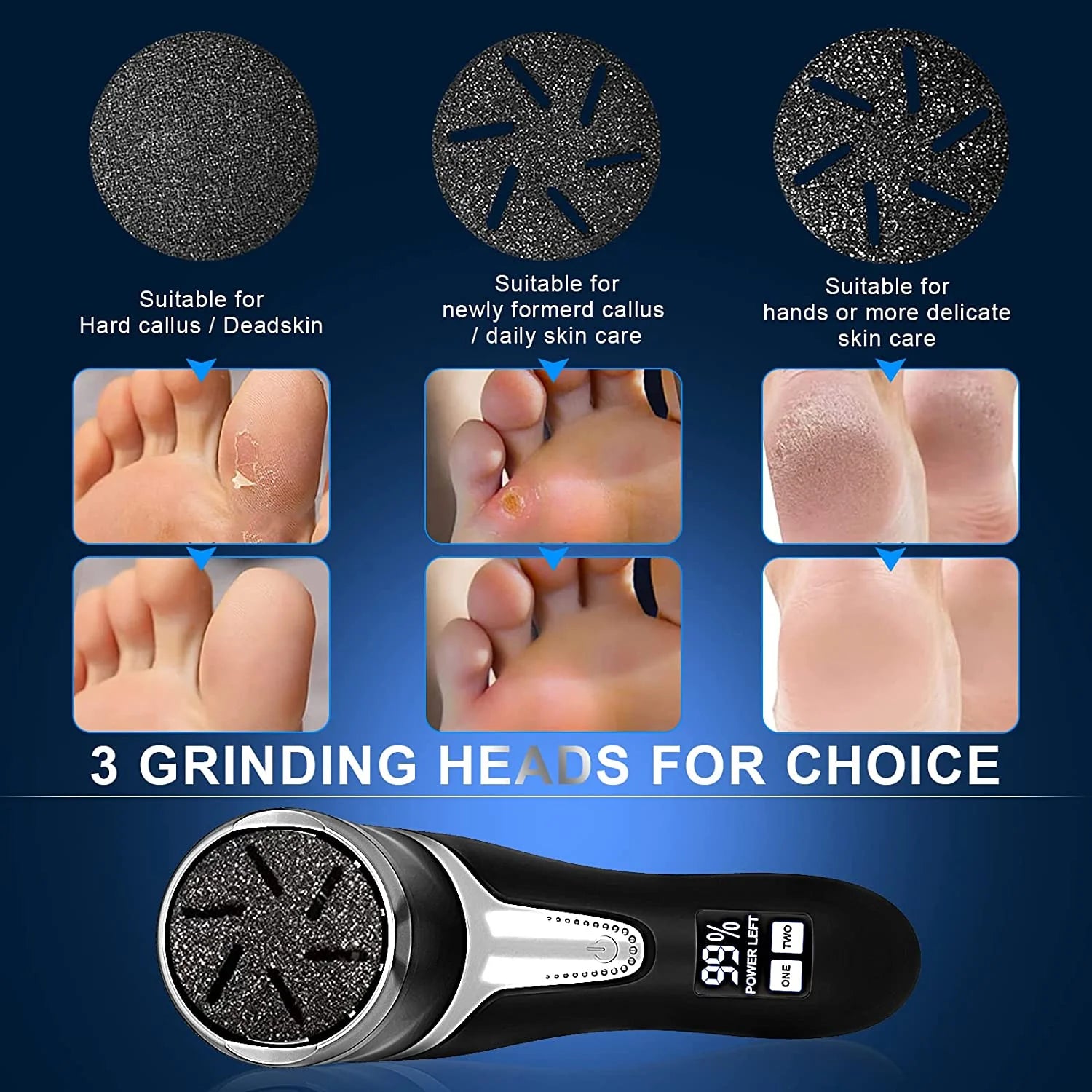 Transform Your Feet with Our Electric Callus Remover - Portable Rechargeable Foot Care Kit with 3 Quartz Sand Heads and LCD Display